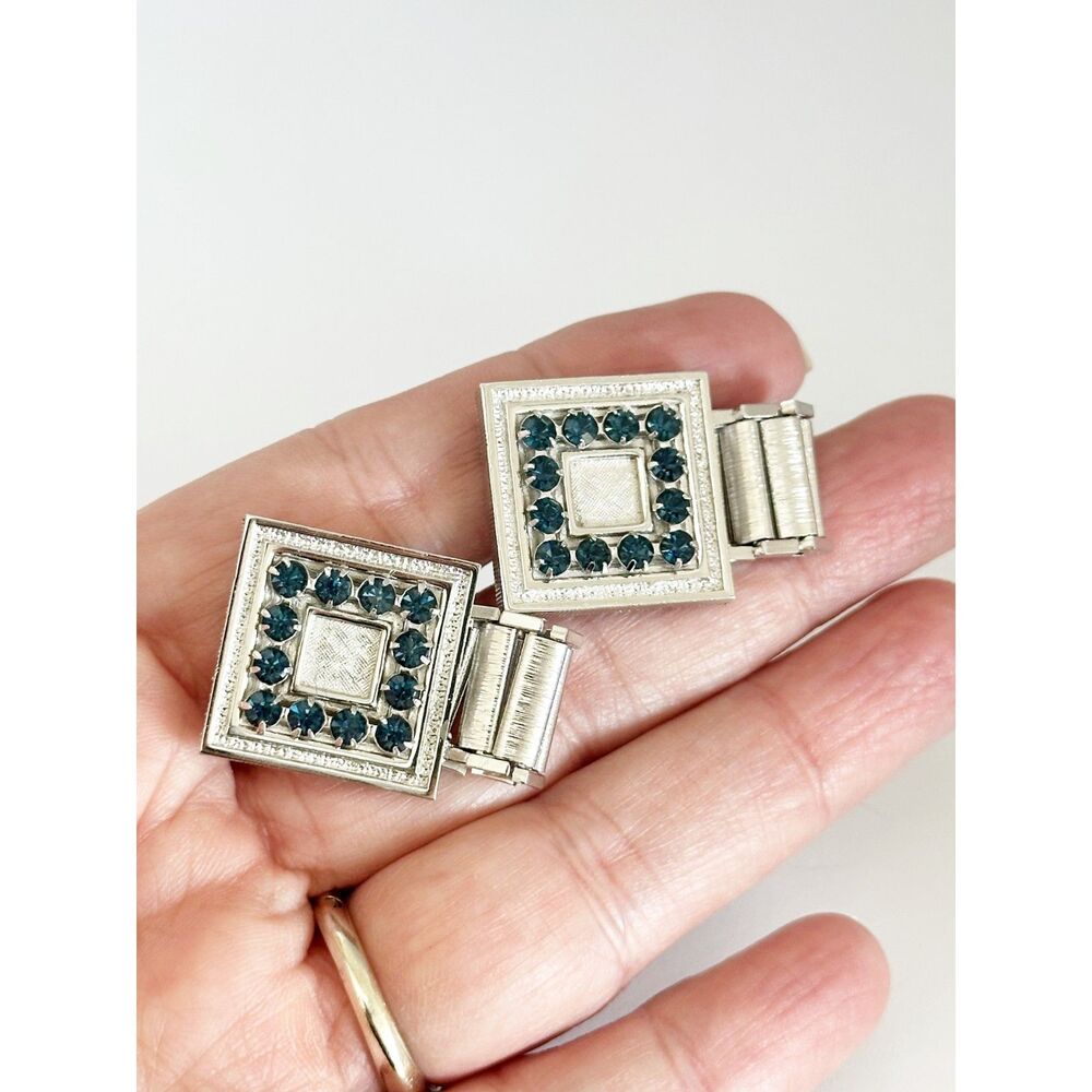 Vintage Swank Cufflinks Silver Tone Square blue rhinestones Retro Man